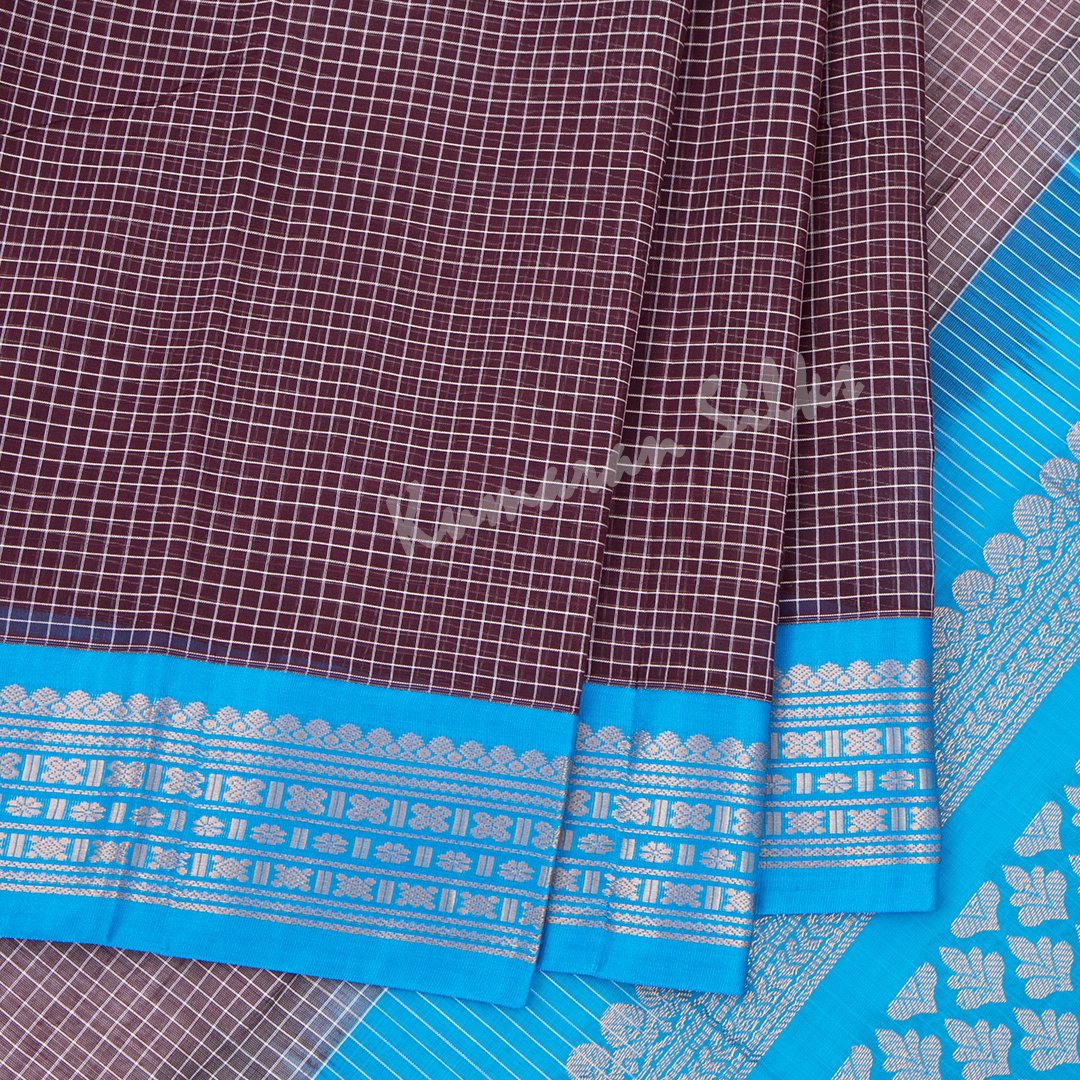 Gadwal Cotton Dark Brown Checked Saree Without Blouse - Kumaran Silks