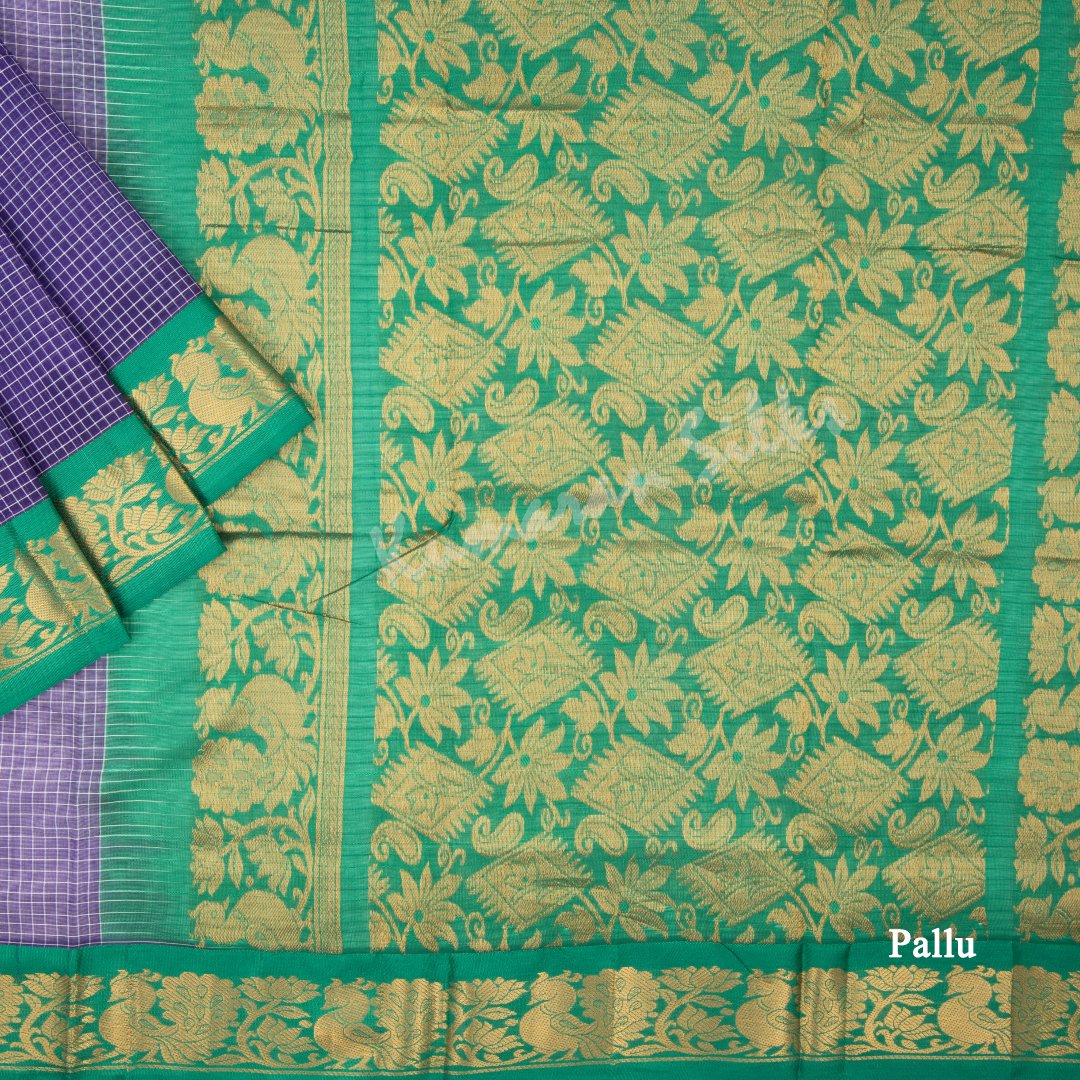 Gadwal Cotton Violet Checked Saree Without Blouse - Kumaran Silks