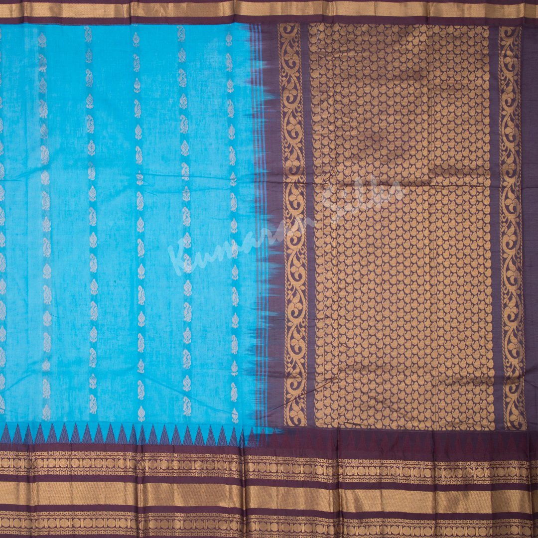 Gadwal Cotton Blue Saree With Small Buttas On The Body Without Blouse - Kumaran Silks