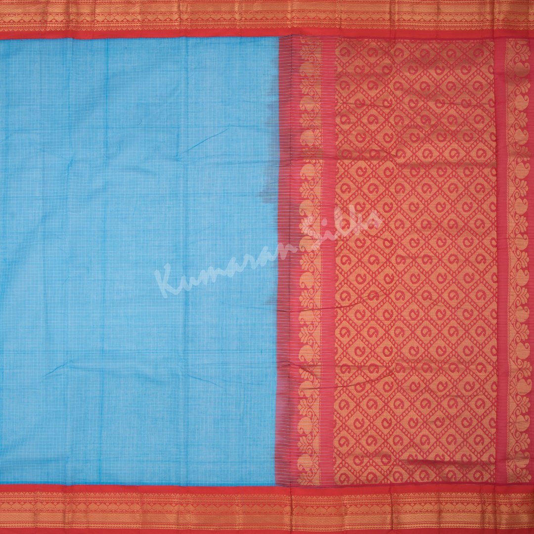 Gadwal Cotton Blue Checked Saree Without Blouse - Kumaran Silks