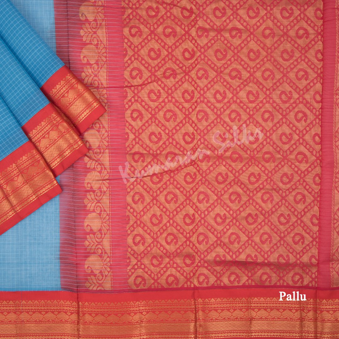 Gadwal Cotton Blue Checked Saree Without Blouse - Kumaran Silks