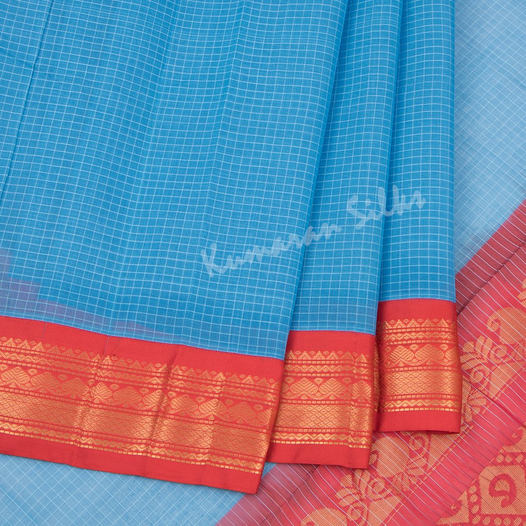 Gadwal Cotton Blue Checked Saree Without Blouse - Kumaran Silks