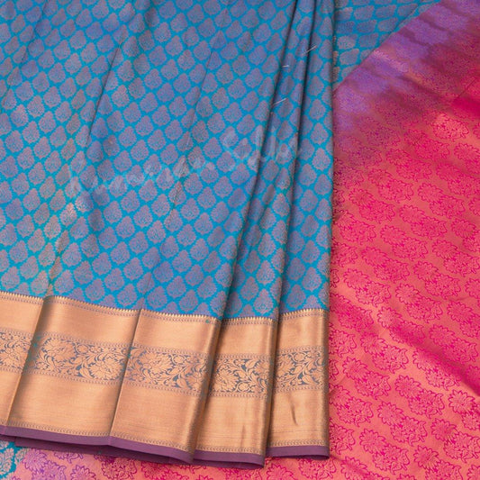 Semi Silk Brocade Peacock Blue Zari Worked Saree - Kumaran Silks