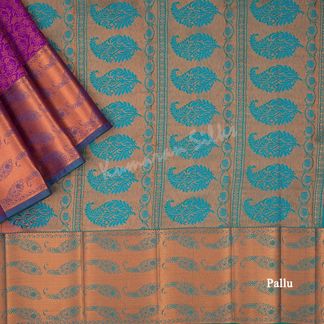 Semi Silk Purple Zari Worked Saree With Floral Motif - Kumaran Silks