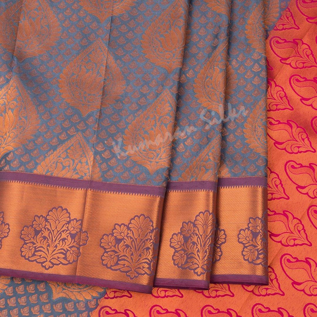 Semi Silk Brocade Greyish Blue Zari Worked Saree - Kumaran Silks