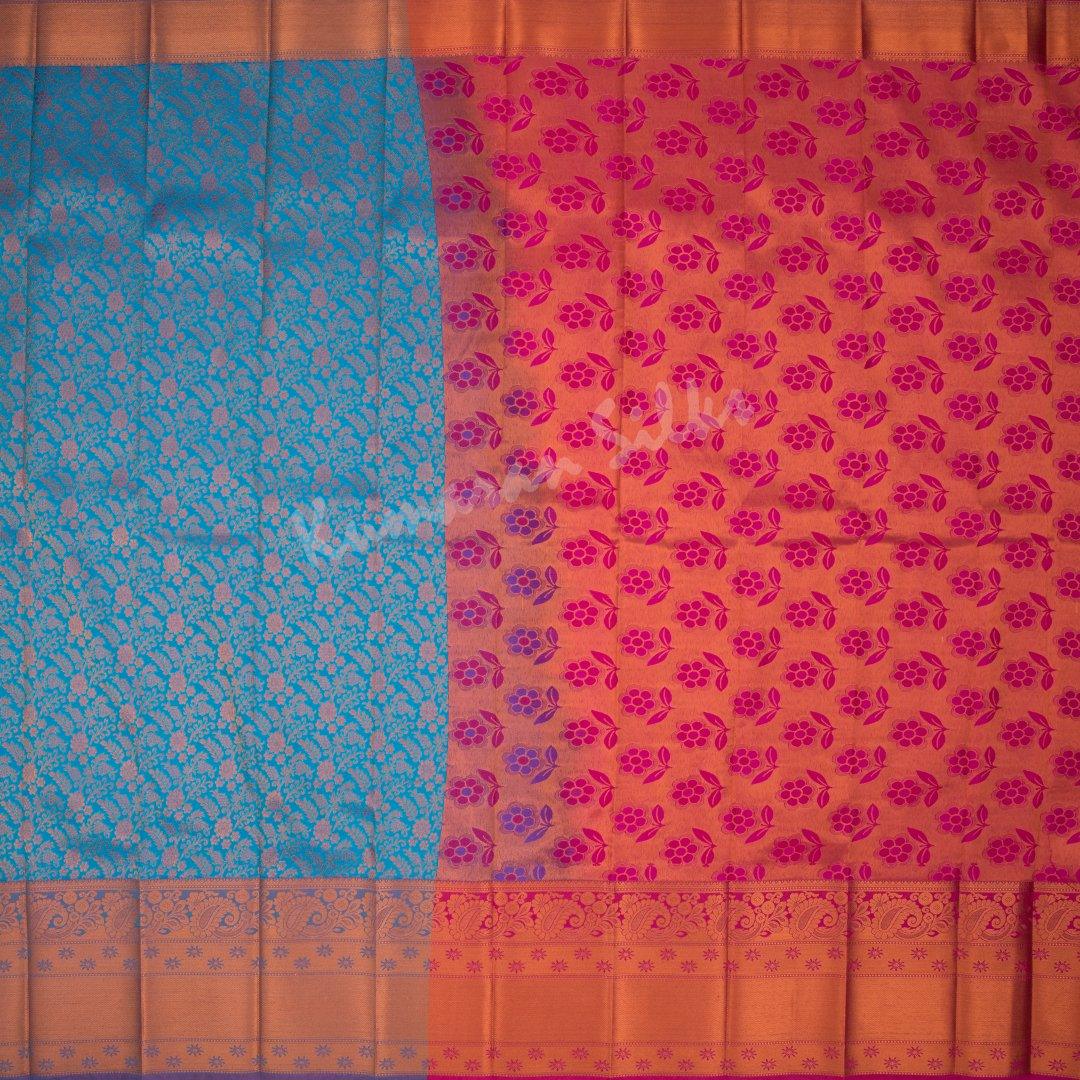 Semi Silk Peacock Blue Zari Worked Saree With Floral Motif - Kumaran Silks