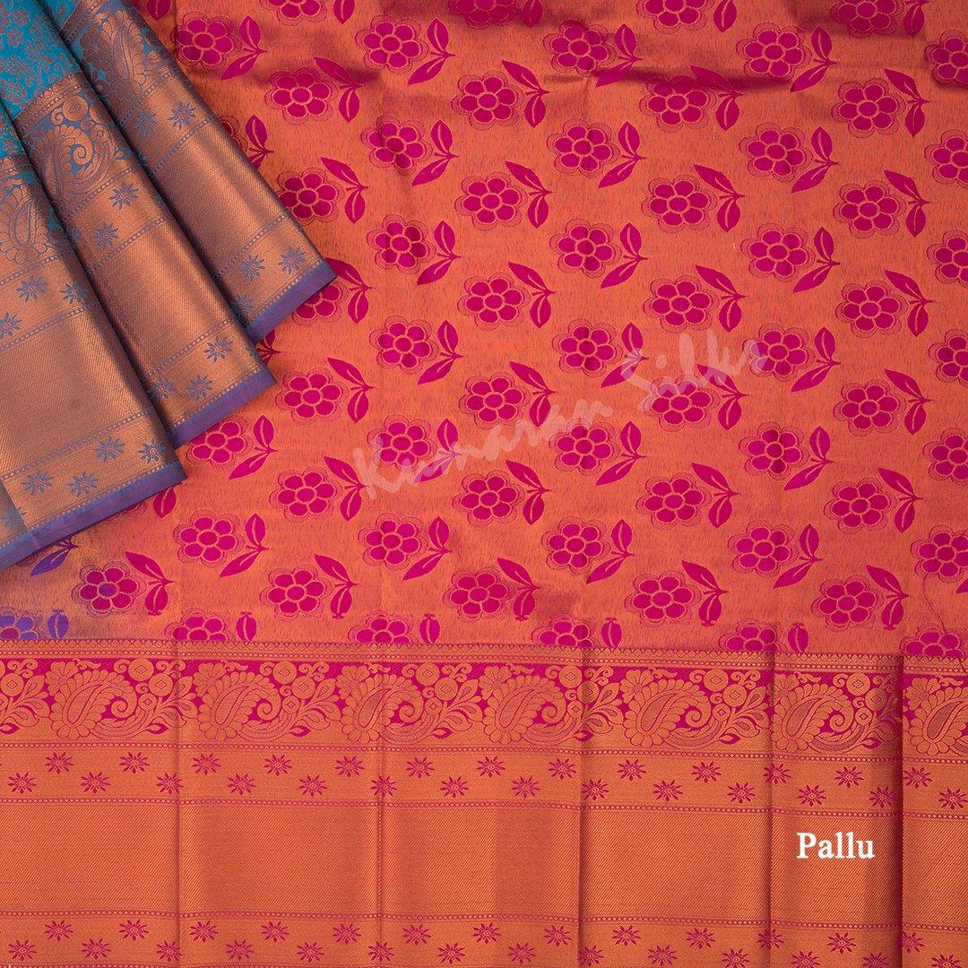 Semi Silk Peacock Blue Zari Worked Saree With Floral Motif - Kumaran Silks