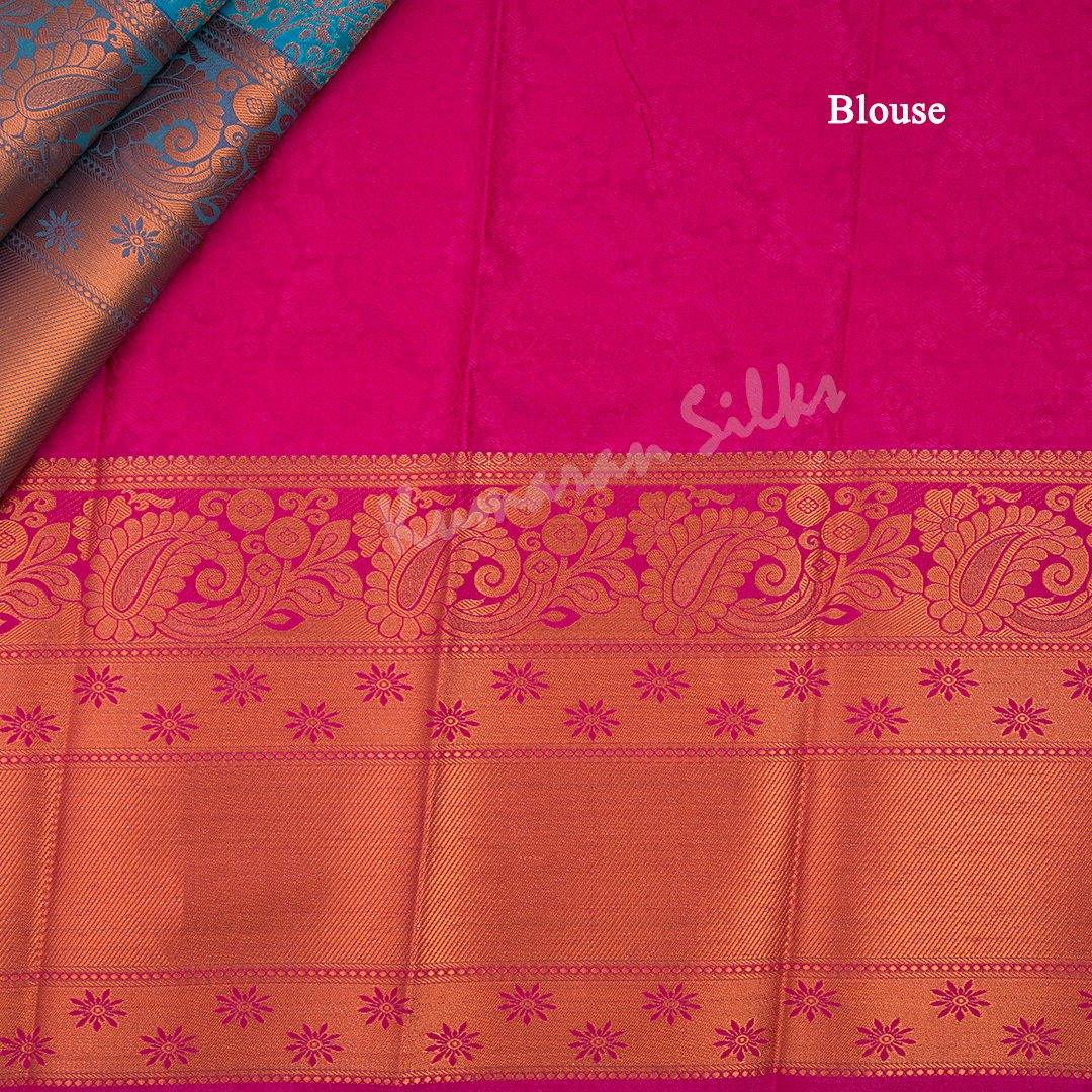 Semi Silk Peacock Blue Zari Worked Saree With Floral Motif - Kumaran Silks