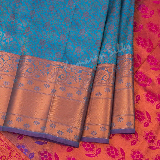 Semi Silk Peacock Blue Zari Worked Saree With Floral Motif - Kumaran Silks