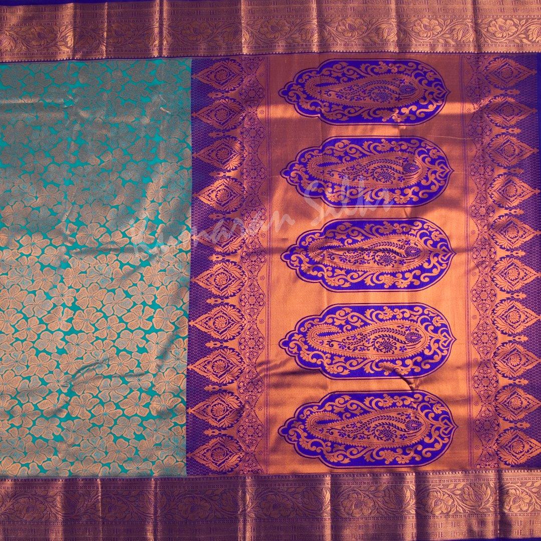 Semi Silk Peacock Blue Zari Worked Saree With Floral Motif 02 - Kumaran Silks