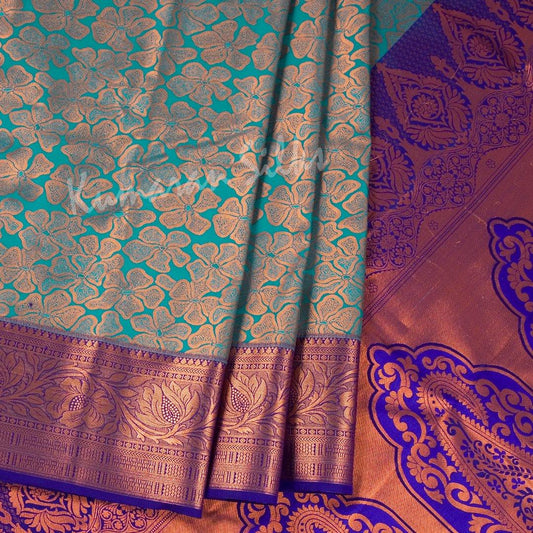 Semi Silk Peacock Blue Zari Worked Saree With Floral Motif 02 - Kumaran Silks