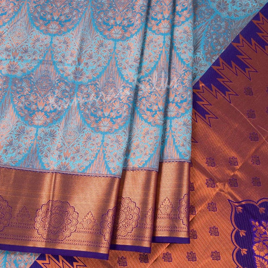 Semi Silk Baby Blue Zari Worked Saree With Floral Motif - Kumaran Silks