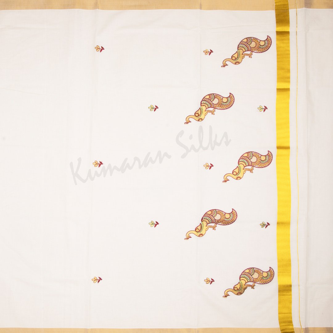 Kerala Cotton Cream Plain Saree - Kumaran Silks