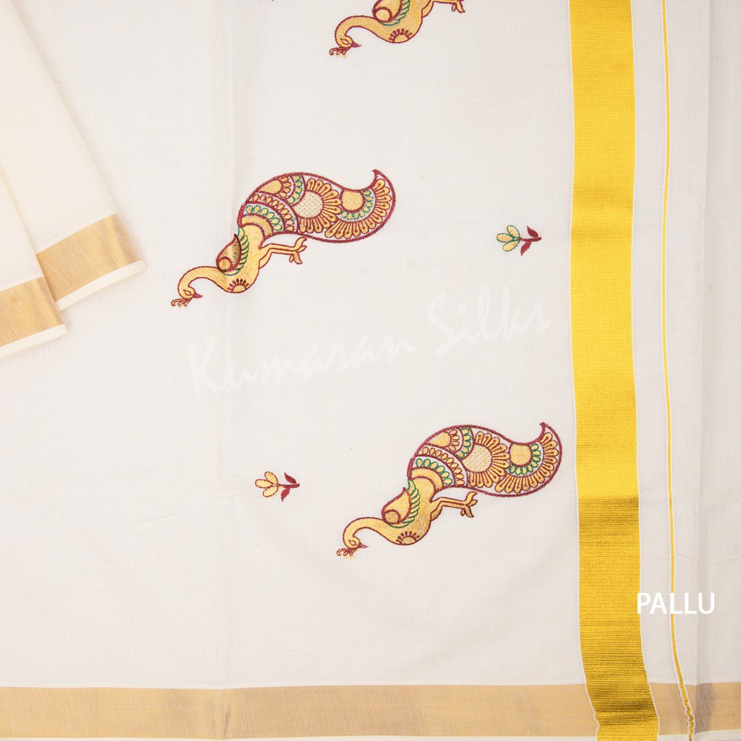 Kerala Cotton Cream Plain Saree - Kumaran Silks