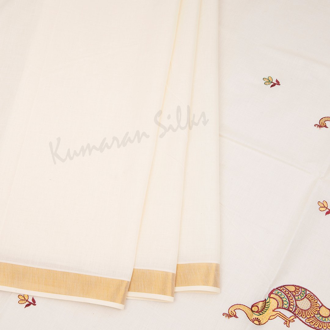 Kerala Cotton Cream Plain Saree - Kumaran Silks