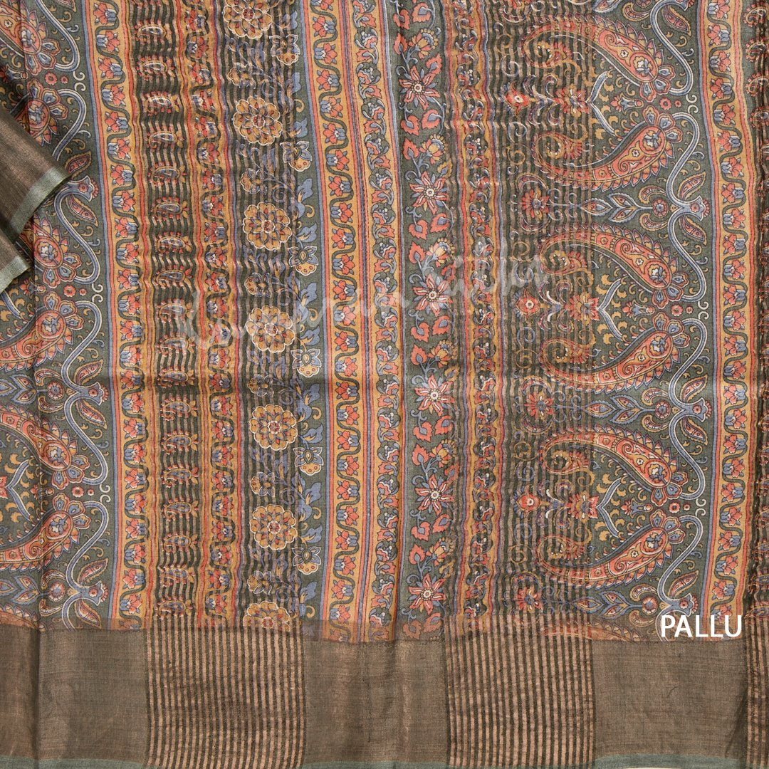 Pure Tussar Sage Green Mango Printed Saree