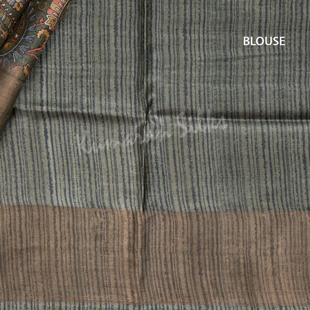 Pure Tussar Sage Green Mango Printed Saree