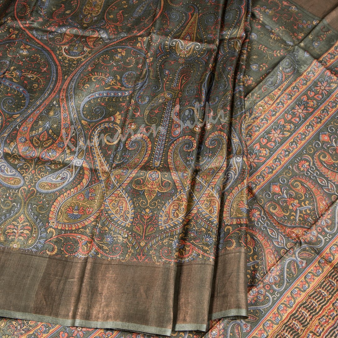 Pure Tussar Sage Green Mango Printed Saree