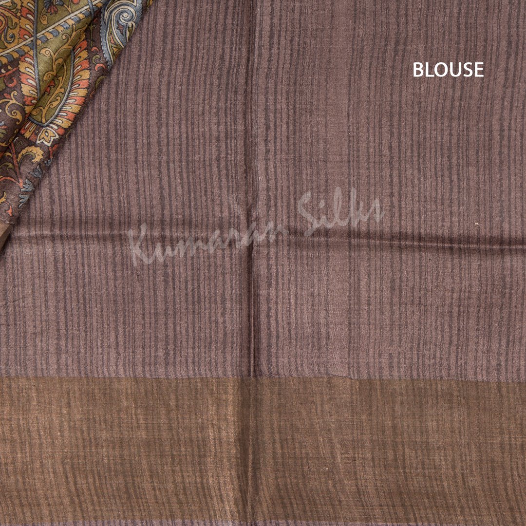 Pure Tussar Dark Brown Mango Printed Saree