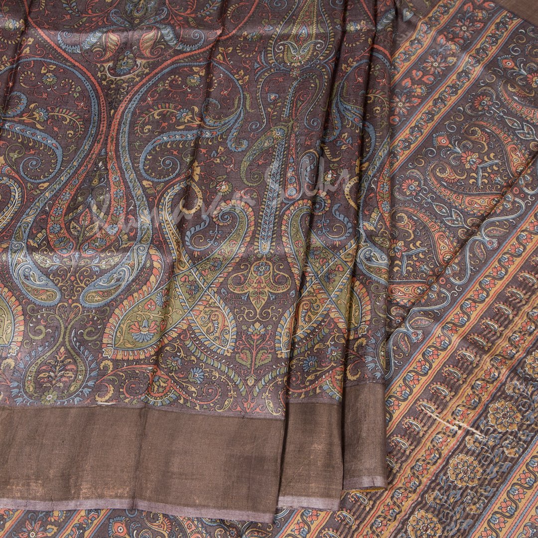 Pure Tussar Dark Brown Mango Printed Saree