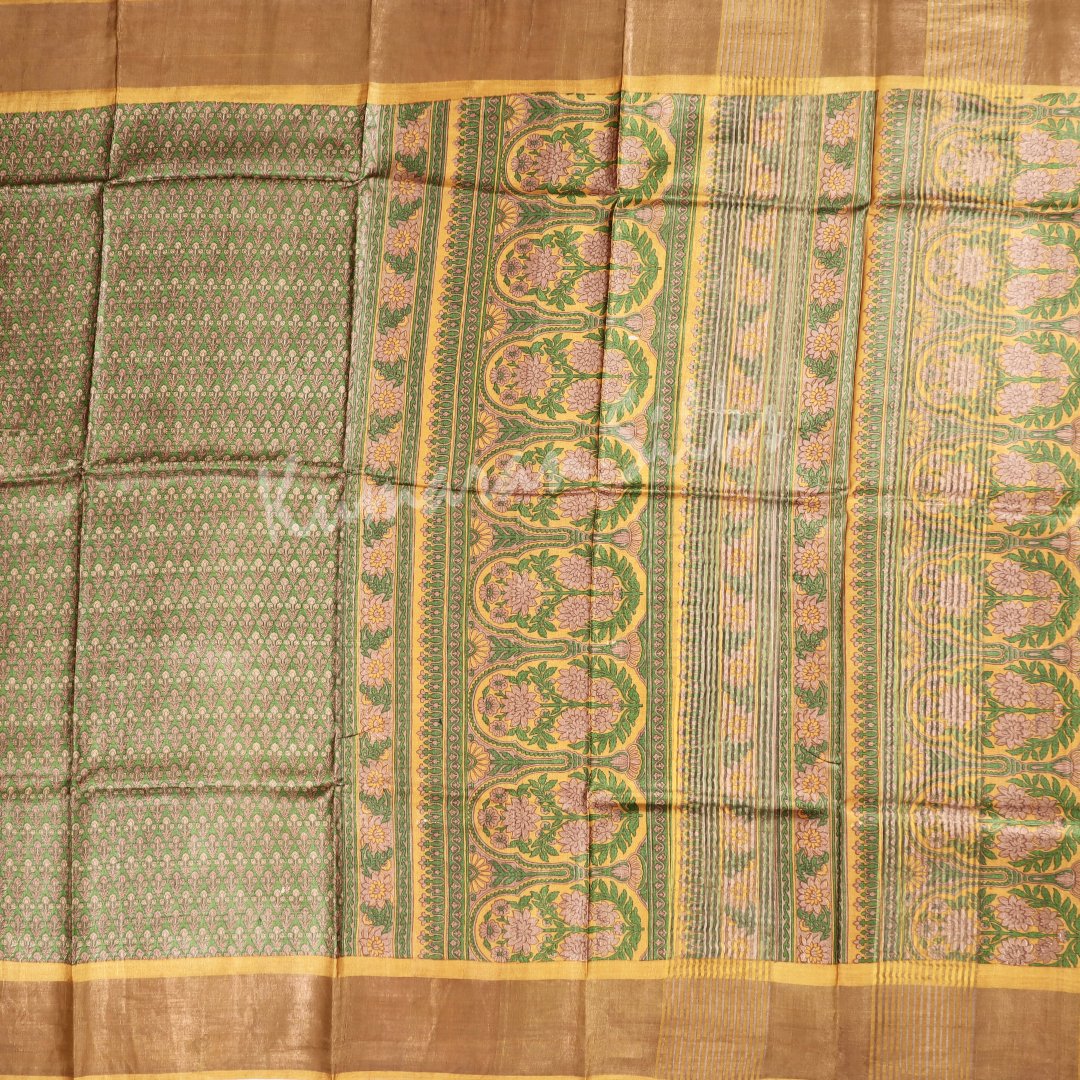 Pure Tussar Green Floral Printed Saree 02