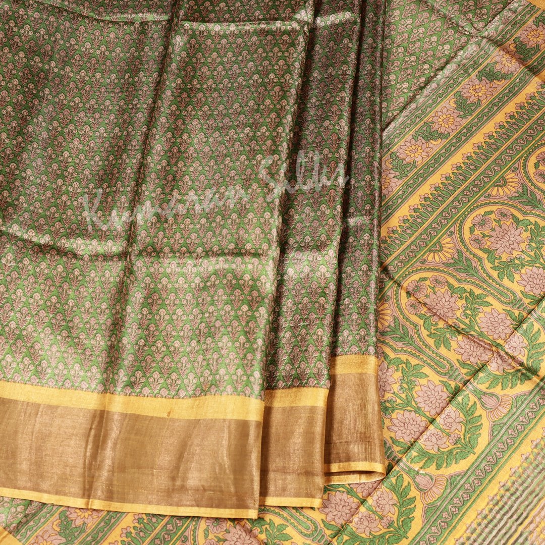 Pure Tussar Green Floral Printed Saree 02