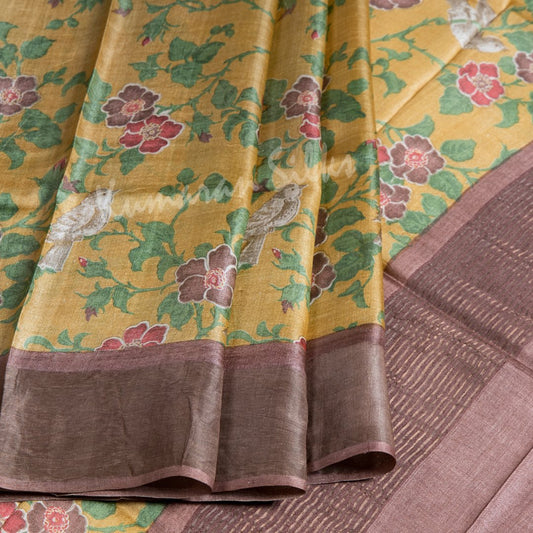 Pure Tussar Mustard Floral Printed Saree