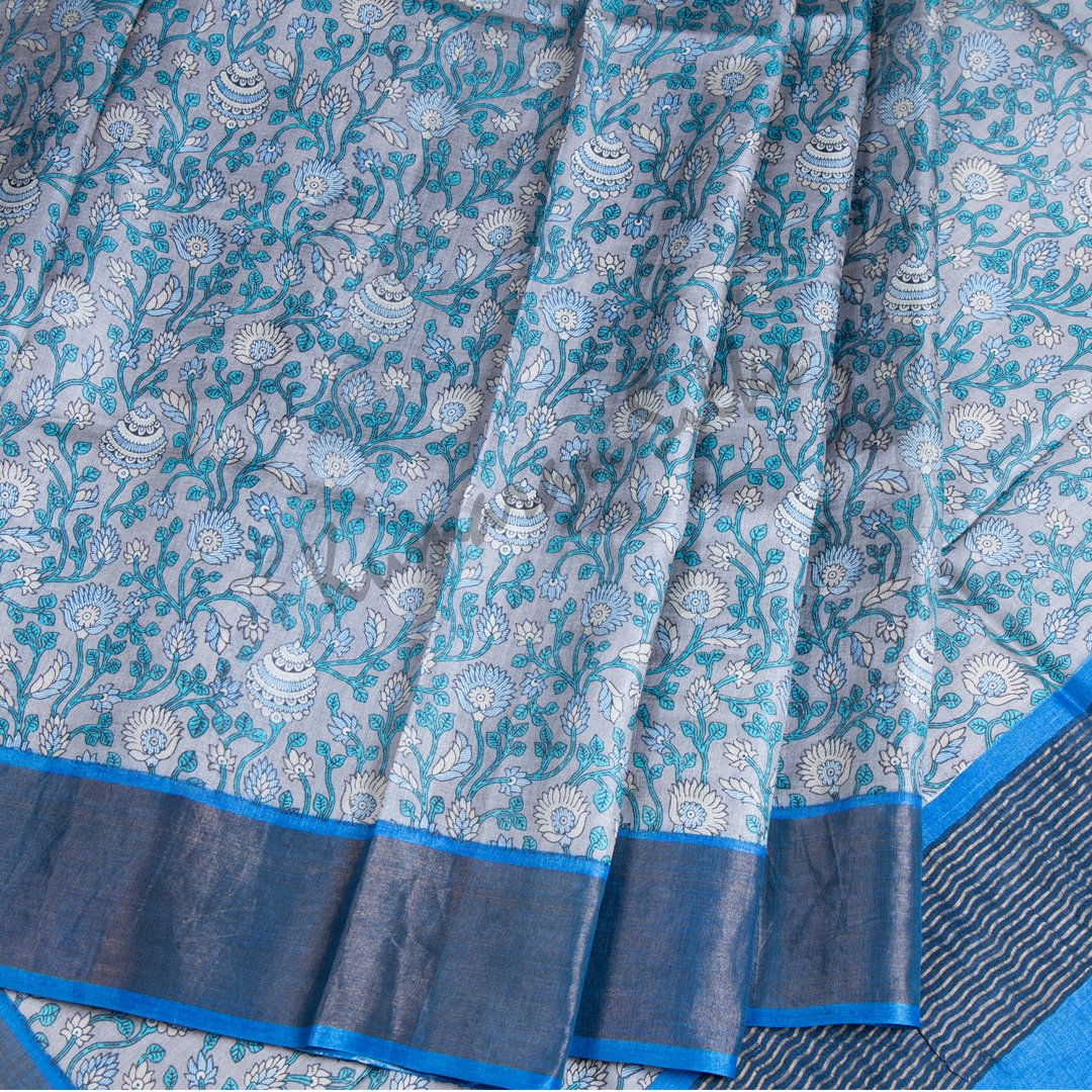 Pure Tussar Light Grey Floral Printed Saree