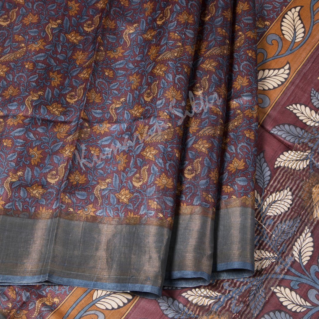 Pure Tussar Maroon Floral Printed Saree