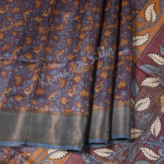 Pure Tussar Maroon Floral Printed Saree