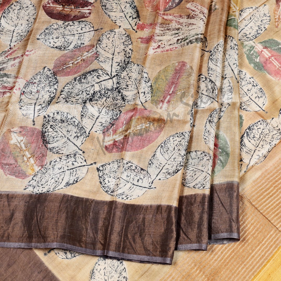 Pure Tussar Light Brown Leaf Printed Saree