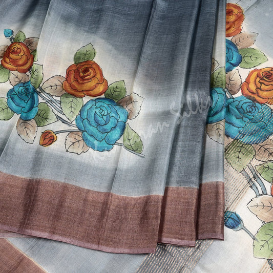 Pure Tussar Grey Floral Printed Saree