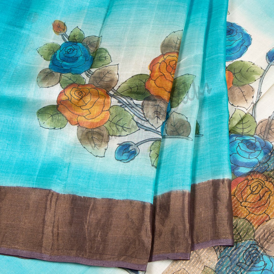 Pure Tussar Sky Blue Floral Printed Saree