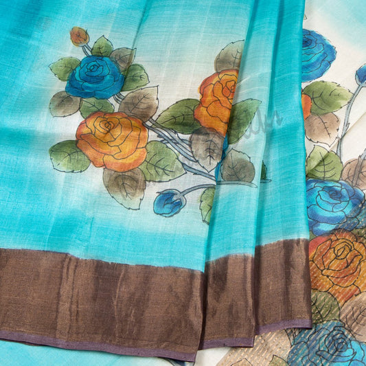 Pure Tussar Sky Blue Floral Printed Saree