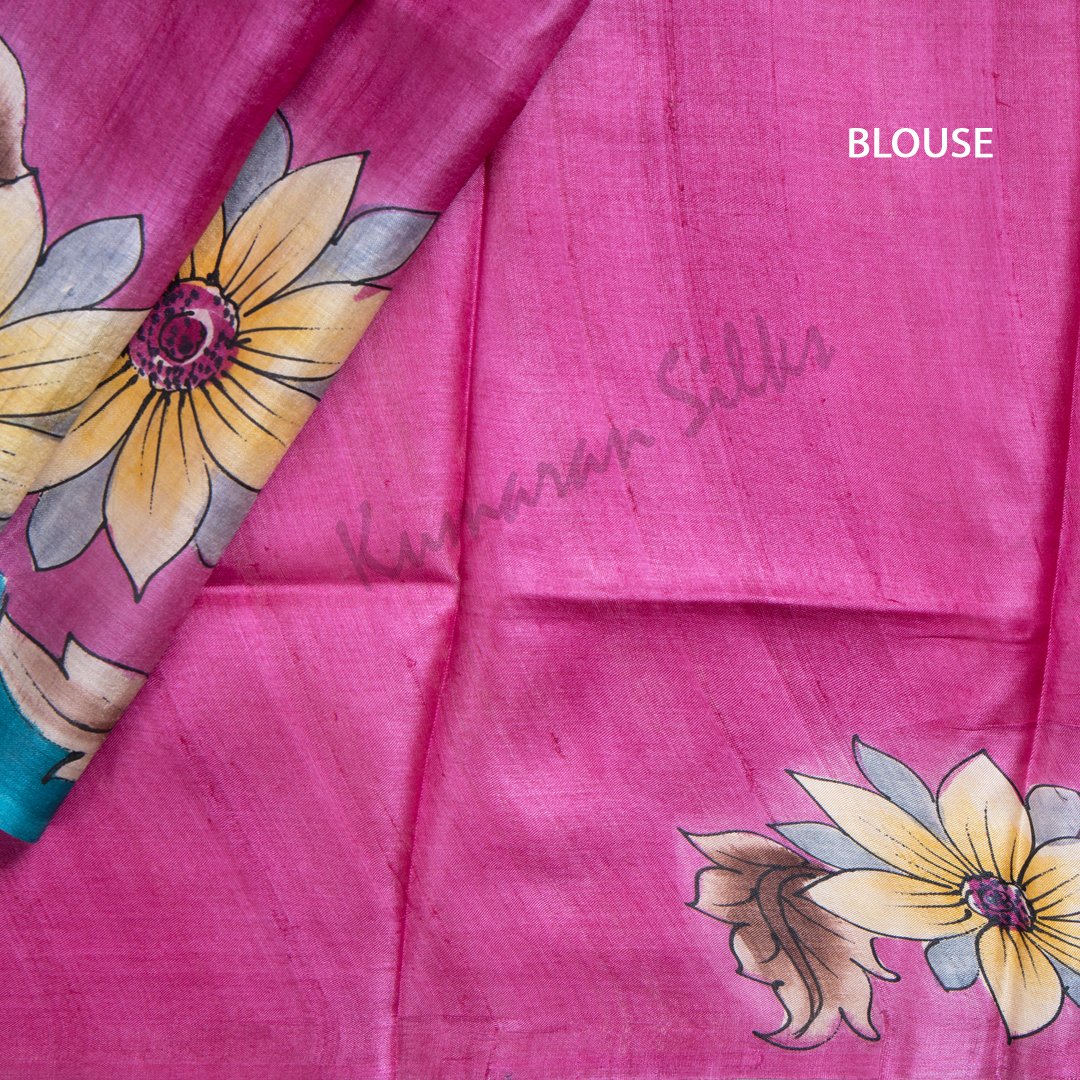 Pure Tussar Dark Pink Saree With Floral Border