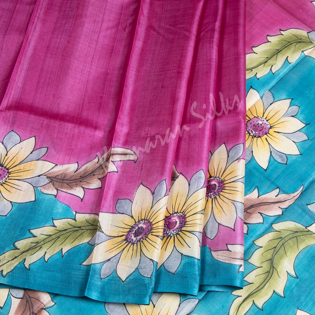 Pure Tussar Dark Pink Saree With Floral Border