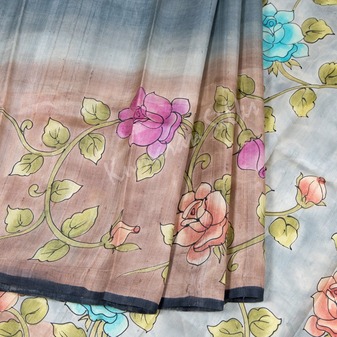 Pure Tussar Grey Saree With Floral Border