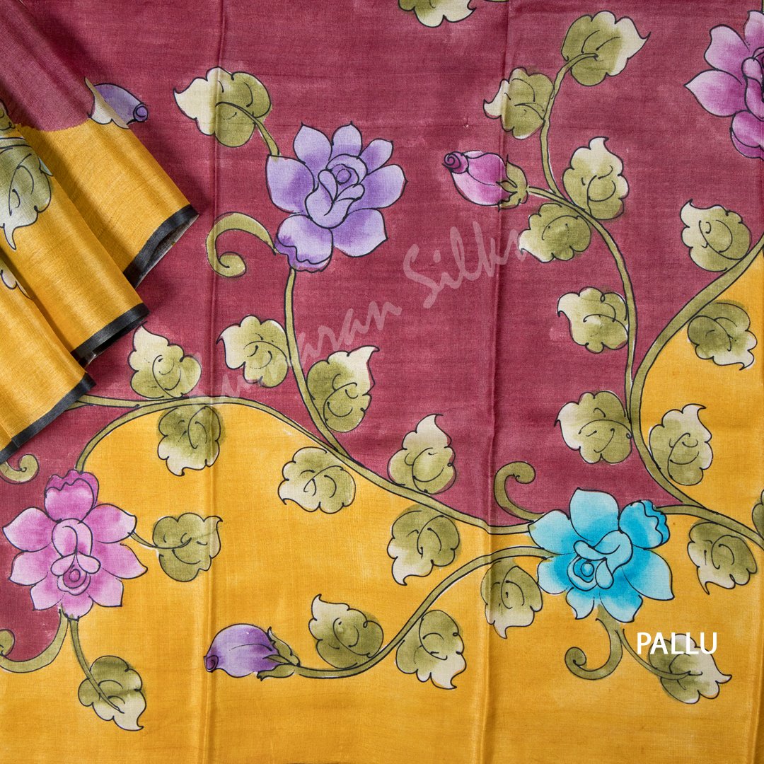 Pure Tussar Wine Saree With Floral Border - Kumaran Silks