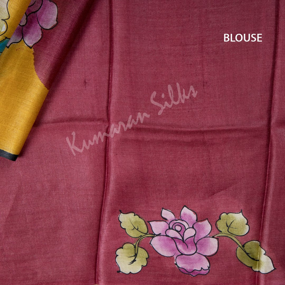 Pure Tussar Wine Saree With Floral Border