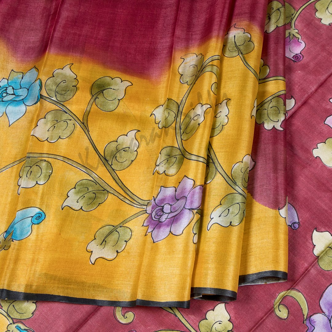 Pure Tussar Wine Saree With Floral Border