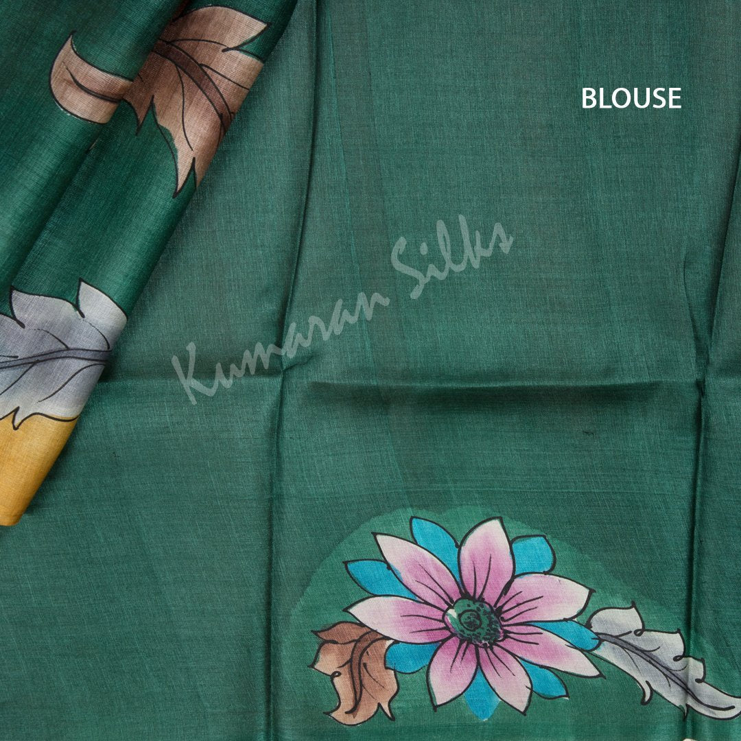 Pure Tussar Dark Green Saree With Floral Border - Kumaran Silks