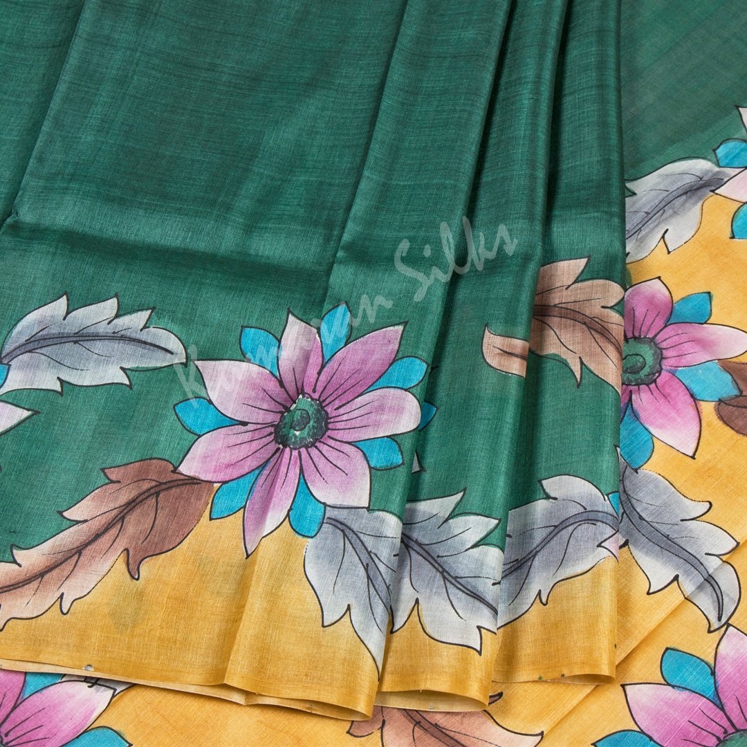 Pure Tussar Dark Green Saree With Floral Border - Kumaran Silks