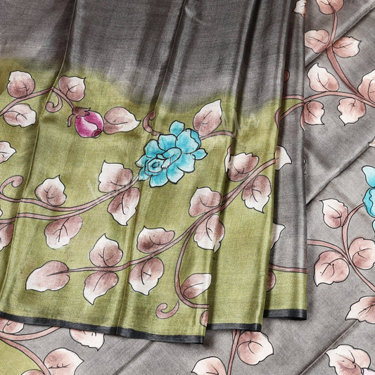 Pure Tussar Grey Saree With Floral Border 02