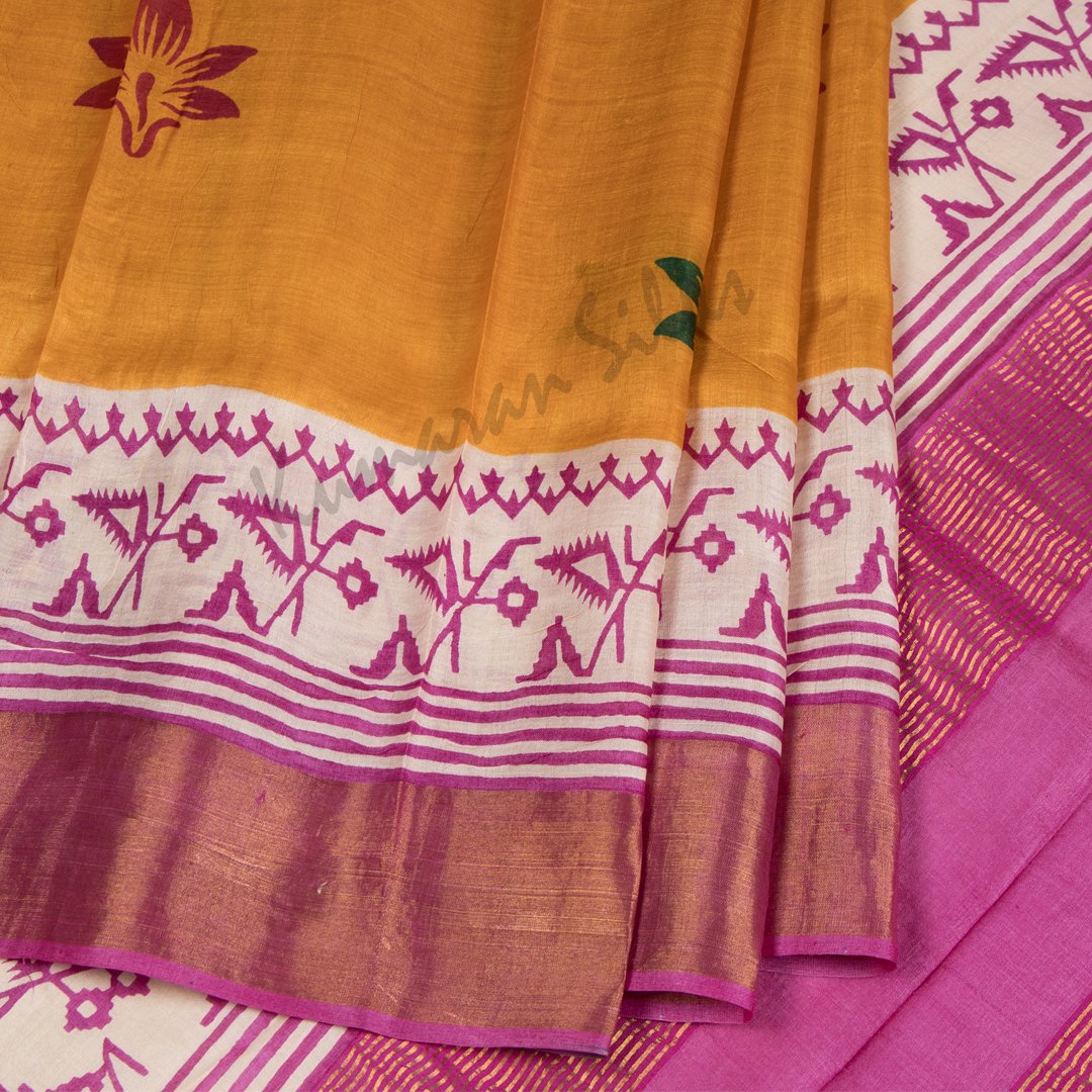 Pure Tussar Mango Yellow Floral Printed Saree