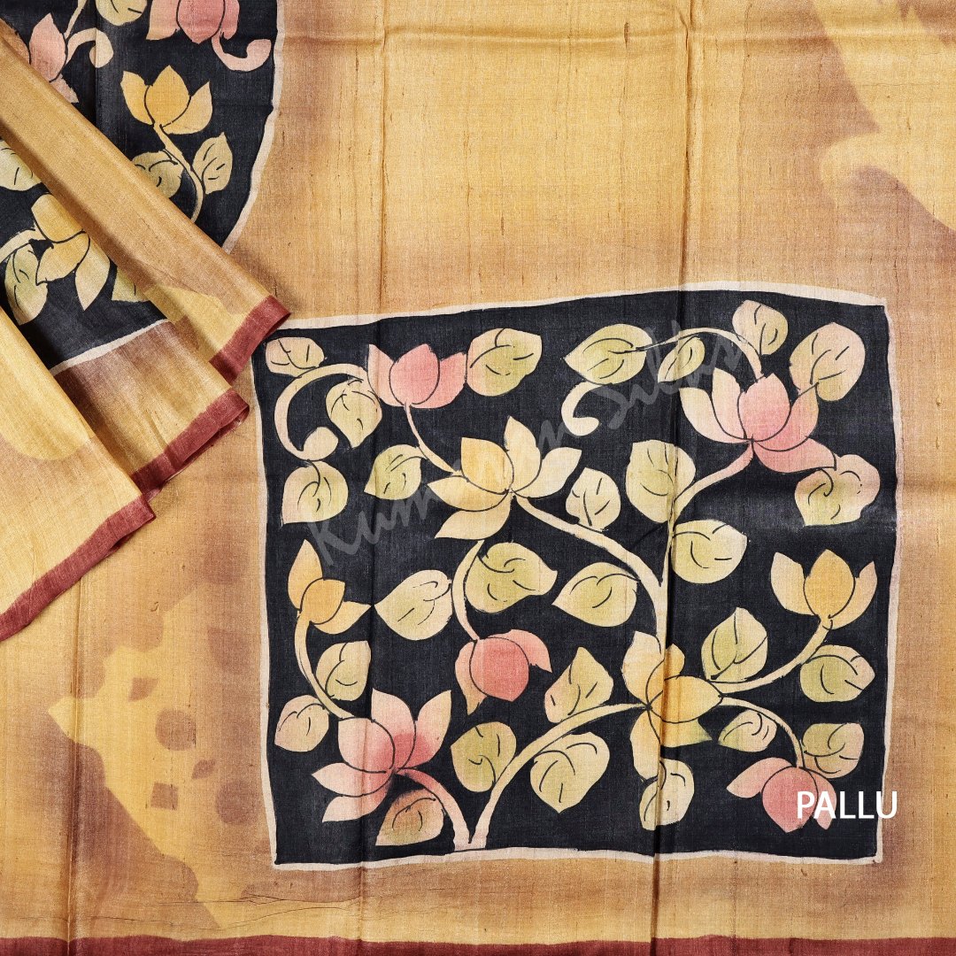 Pure Tussar Sandal Birds And Floral Printed Saree