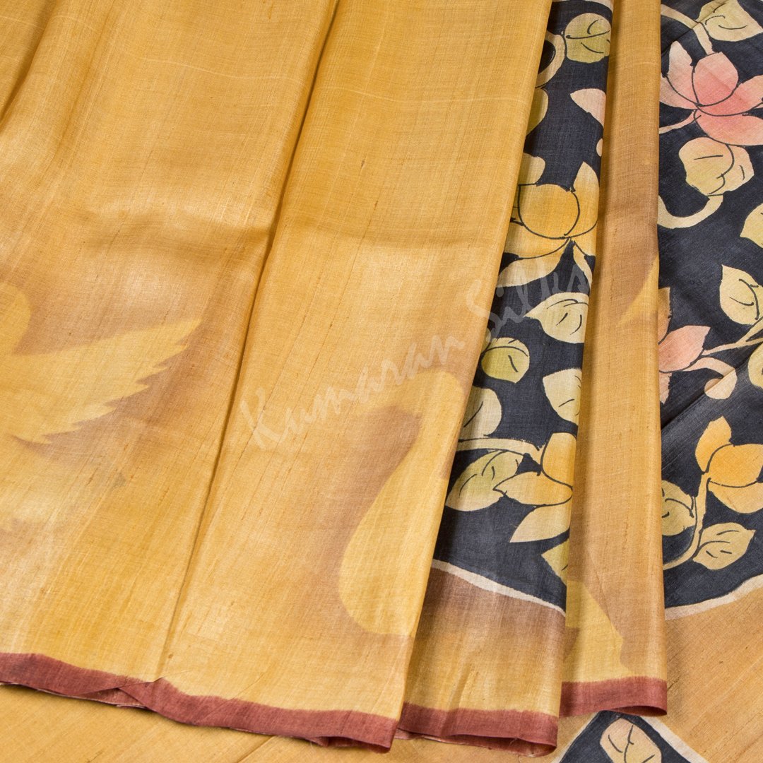 Pure Tussar Sandal Birds And Floral Printed Saree