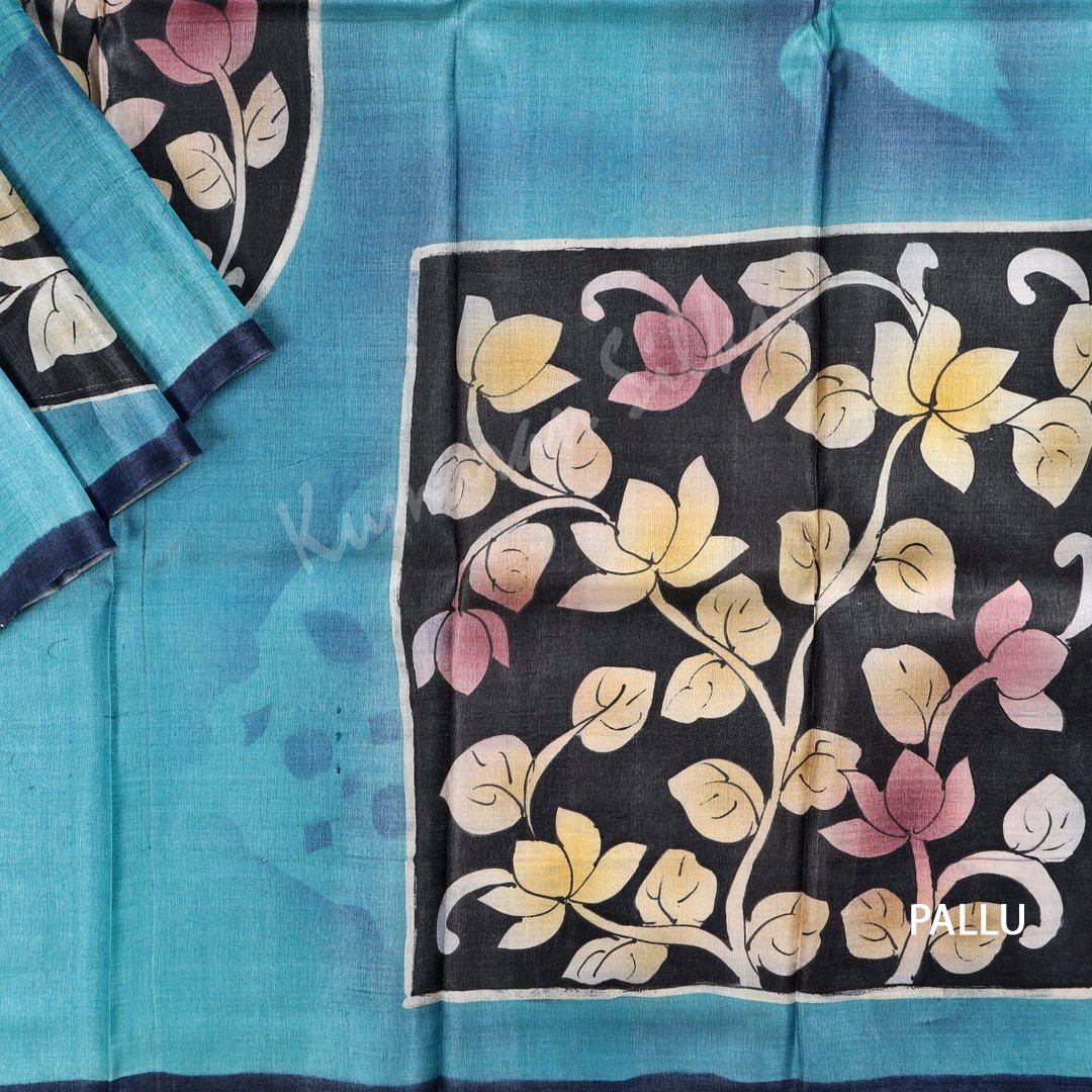 Pure Tussar Sky Blue Birds And Floral Printed Saree