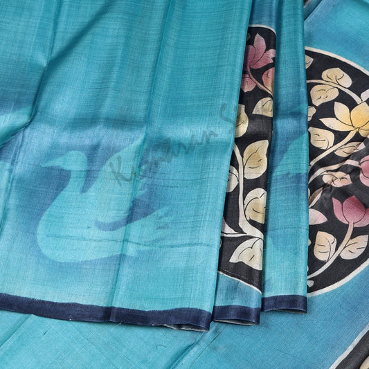 Pure Tussar Sky Blue Birds And Floral Printed Saree