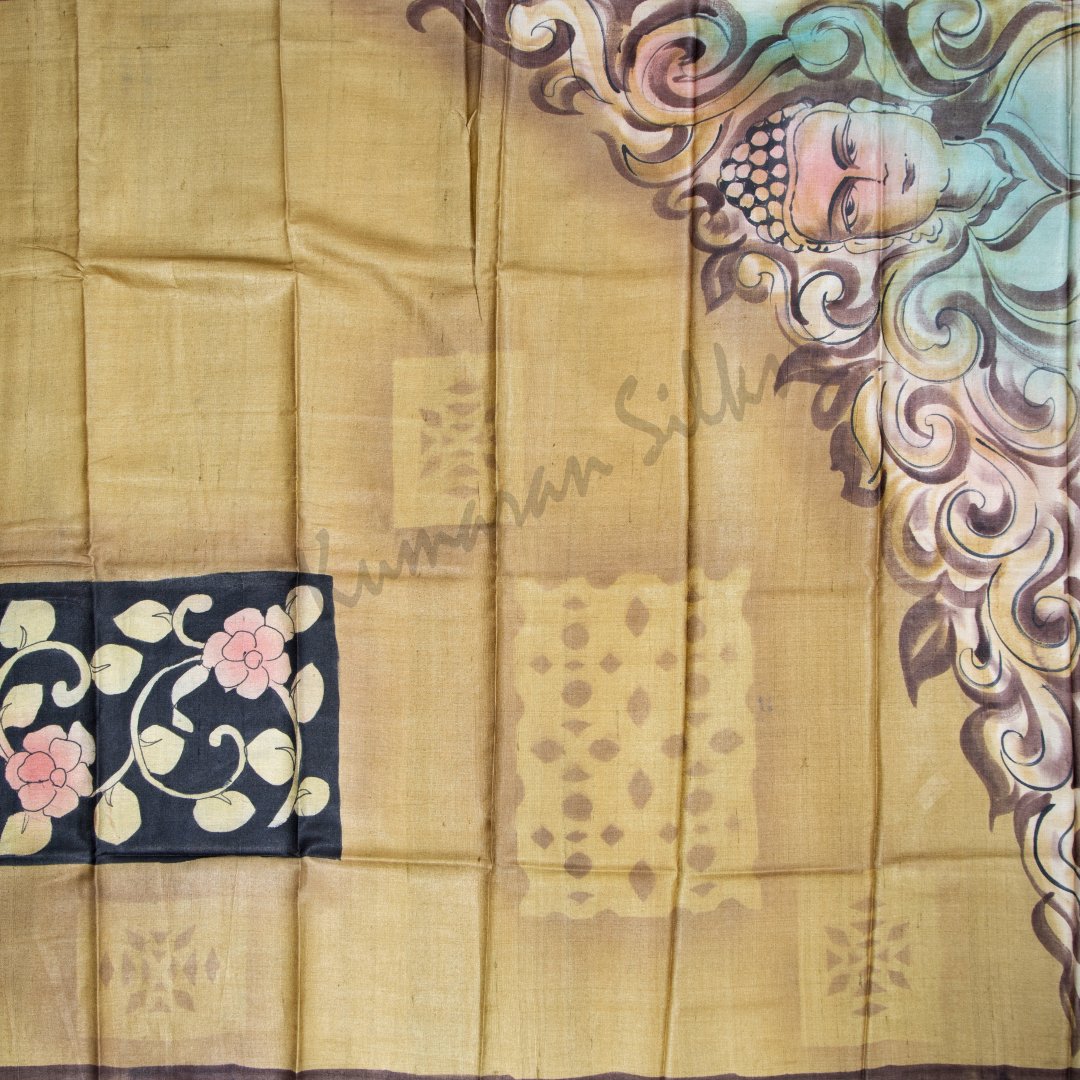 Pure Tussar Light Brown Floral Printed Saree