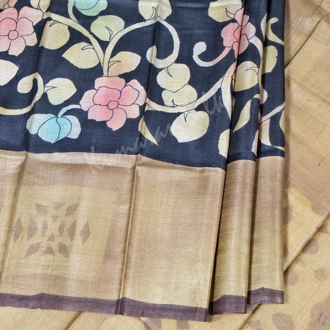 Pure Tussar Light Brown Floral Printed Saree